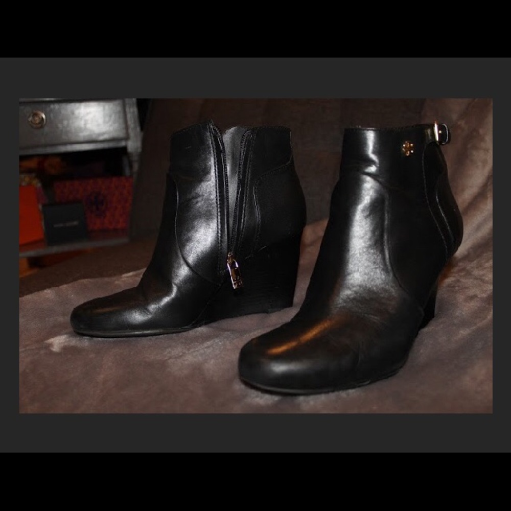 Tory Burch Black Leather Wedge Booties
